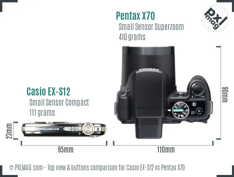 Casio EX-S12 vs Pentax X70 top view buttons comparison