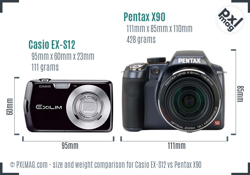 Casio EX-S12 vs Pentax X90 size comparison