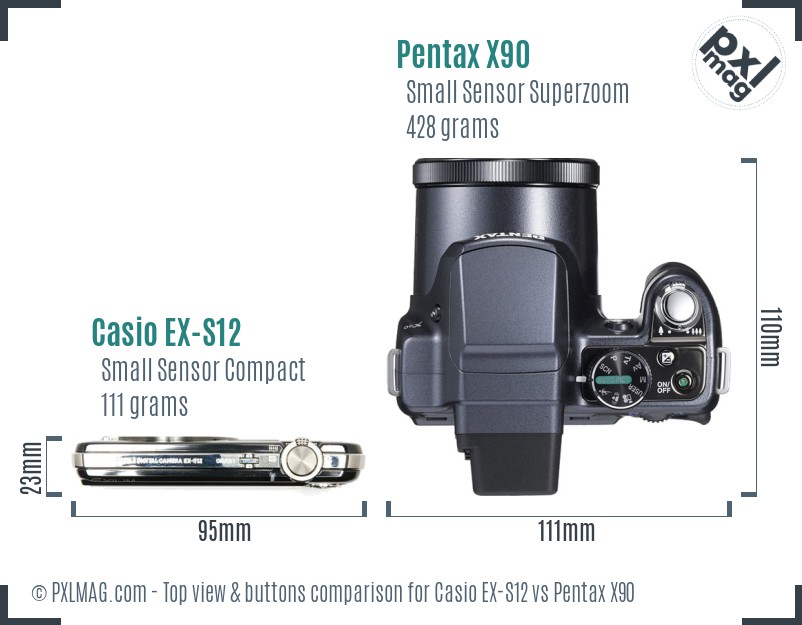 Casio EX-S12 vs Pentax X90 top view buttons comparison