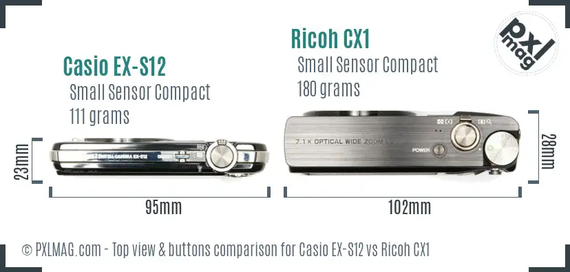 Casio EX-S12 vs Ricoh CX1 top view buttons comparison