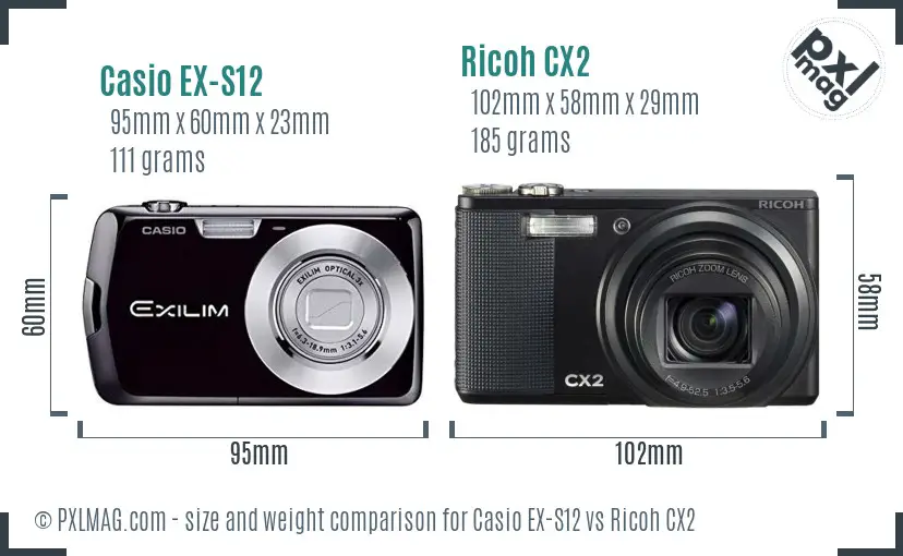 Casio EX-S12 vs Ricoh CX2 size comparison