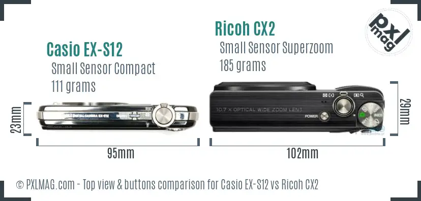 Casio EX-S12 vs Ricoh CX2 top view buttons comparison