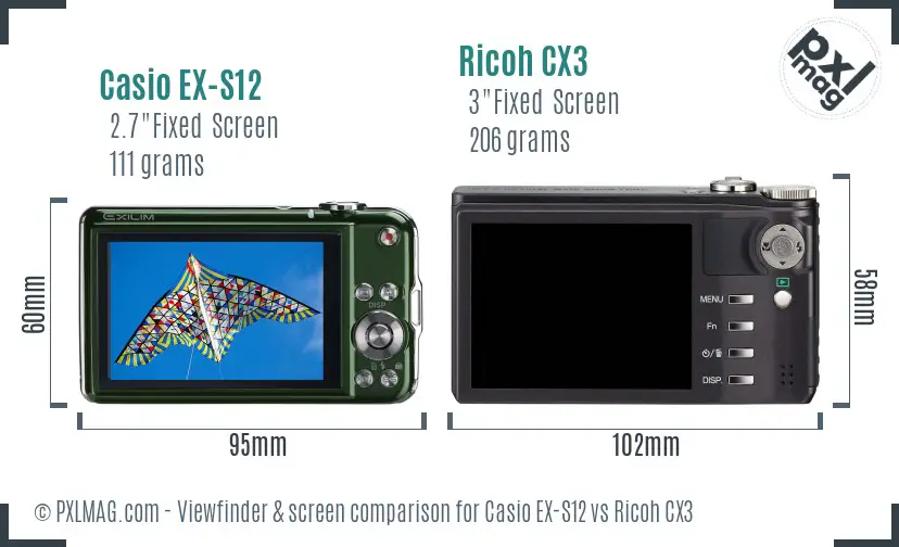 Casio EX-S12 vs Ricoh CX3 Screen and Viewfinder comparison