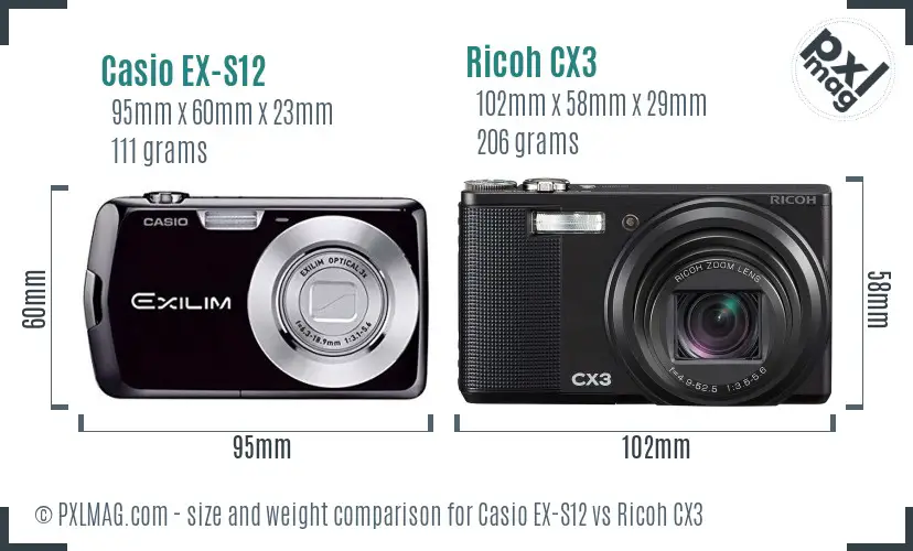 Casio EX-S12 vs Ricoh CX3 size comparison