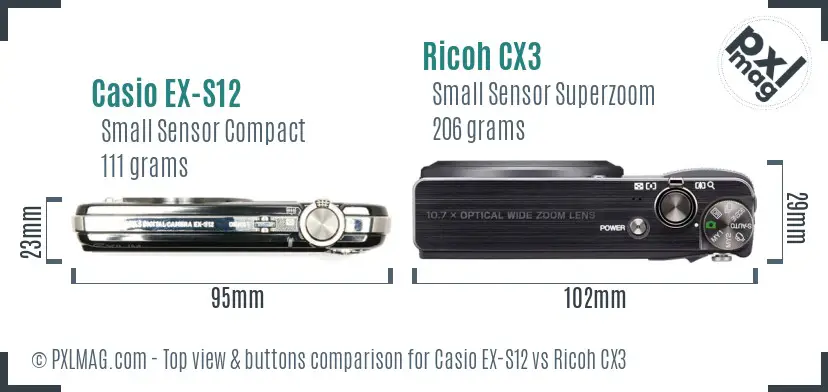 Casio EX-S12 vs Ricoh CX3 top view buttons comparison