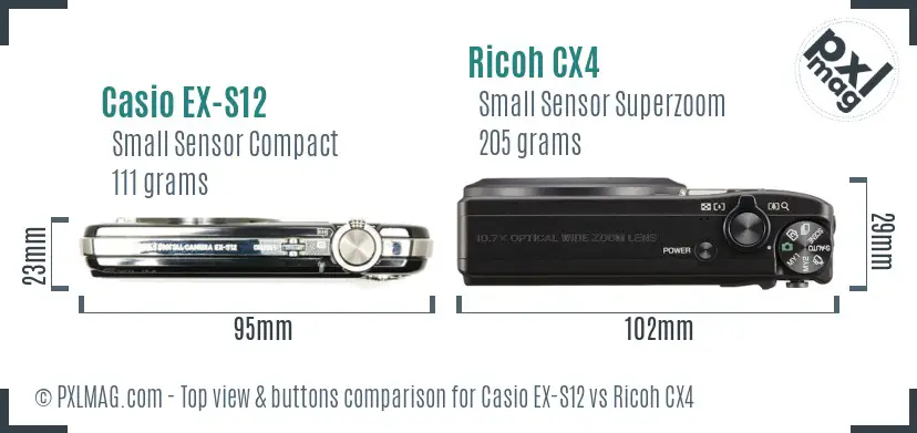 Casio EX-S12 vs Ricoh CX4 top view buttons comparison