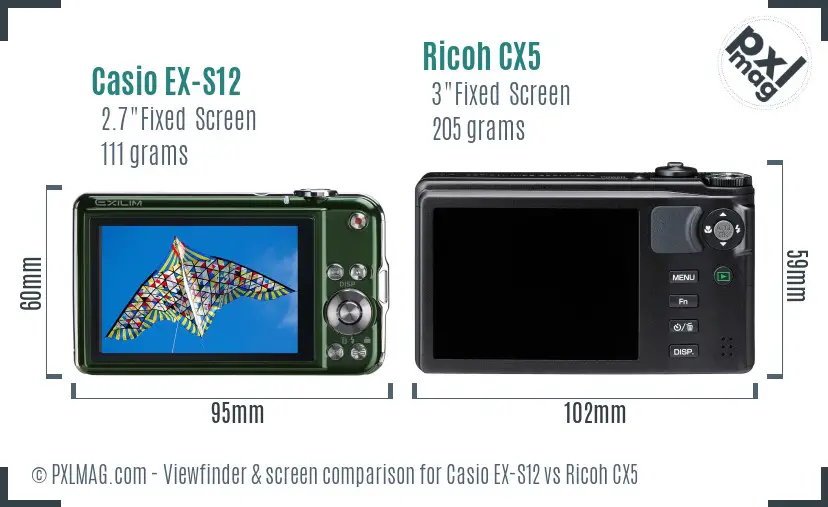 Casio EX-S12 vs Ricoh CX5 Screen and Viewfinder comparison