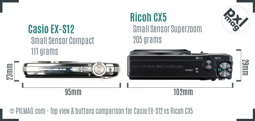 Casio EX-S12 vs Ricoh CX5 top view buttons comparison