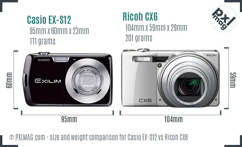 Casio EX-S12 vs Ricoh CX6 size comparison