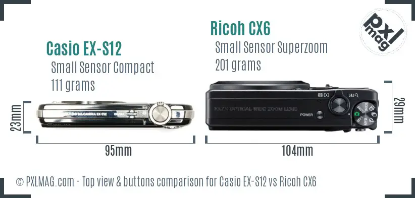 Casio EX-S12 vs Ricoh CX6 top view buttons comparison