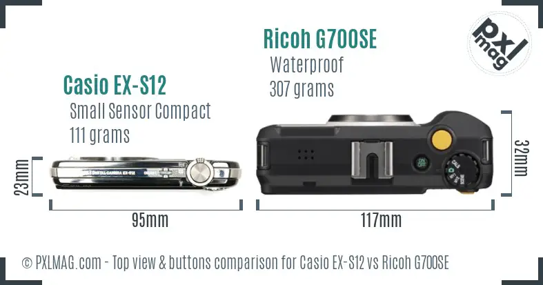Casio EX-S12 vs Ricoh G700SE top view buttons comparison