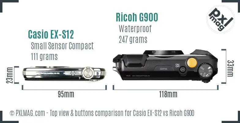 Casio EX-S12 vs Ricoh G900 top view buttons comparison