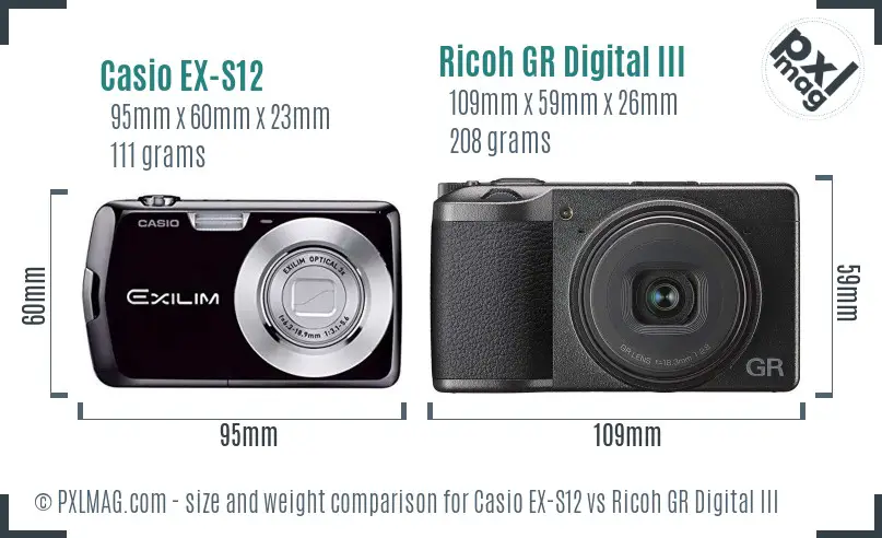Casio EX-S12 vs Ricoh GR Digital III size comparison