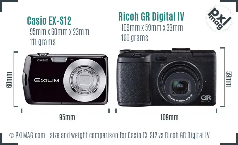 Casio EX-S12 vs Ricoh GR Digital IV size comparison