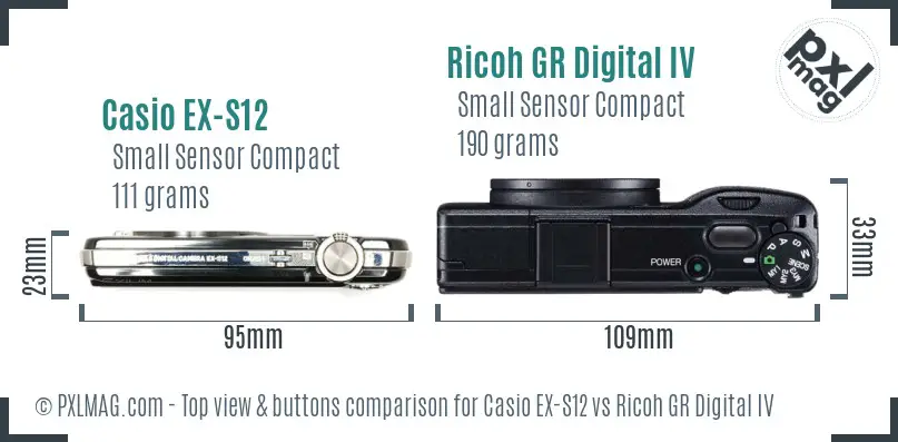 Casio EX-S12 vs Ricoh GR Digital IV top view buttons comparison