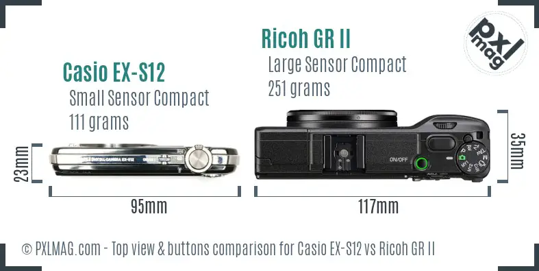 Casio EX-S12 vs Ricoh GR II top view buttons comparison