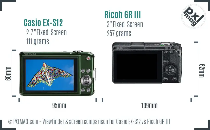 Casio EX-S12 vs Ricoh GR III Screen and Viewfinder comparison