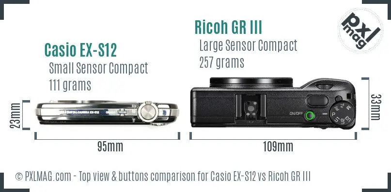 Casio EX-S12 vs Ricoh GR III top view buttons comparison