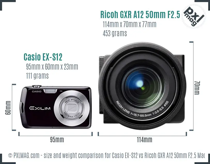 Casio EX-S12 vs Ricoh GXR A12 50mm F2.5 Macro size comparison