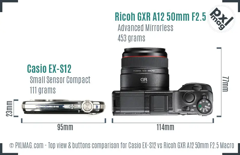 Casio EX-S12 vs Ricoh GXR A12 50mm F2.5 Macro top view buttons comparison