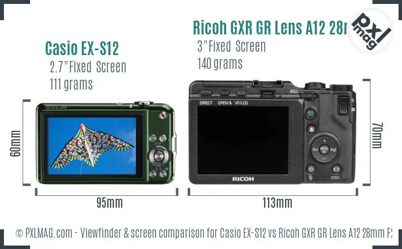 Casio EX-S12 vs Ricoh GXR GR Lens A12 28mm F2.5 Screen and Viewfinder comparison