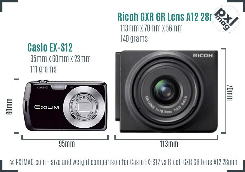 Casio EX-S12 vs Ricoh GXR GR Lens A12 28mm F2.5 size comparison