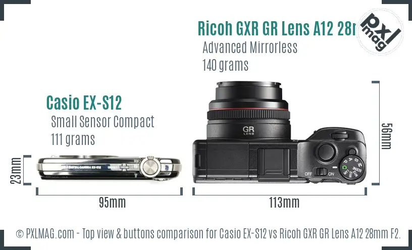 Casio EX-S12 vs Ricoh GXR GR Lens A12 28mm F2.5 top view buttons comparison