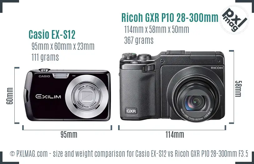Casio EX-S12 vs Ricoh GXR P10 28-300mm F3.5-5.6 VC size comparison