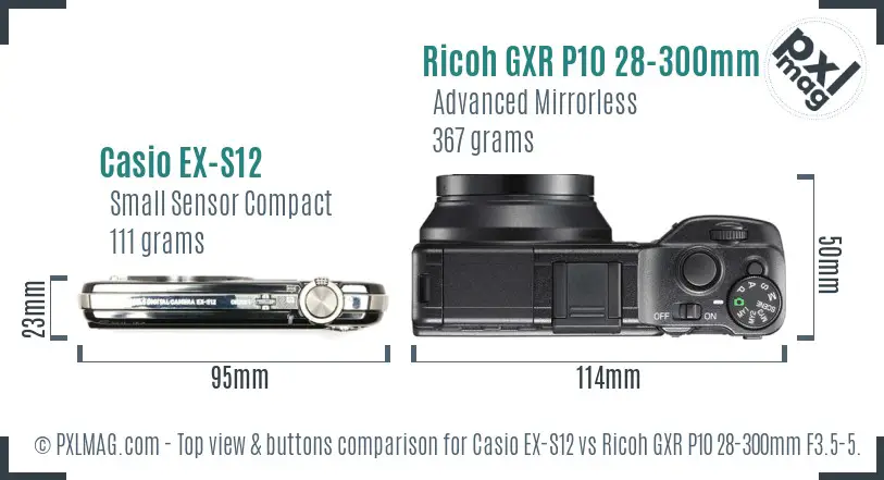 Casio EX-S12 vs Ricoh GXR P10 28-300mm F3.5-5.6 VC top view buttons comparison