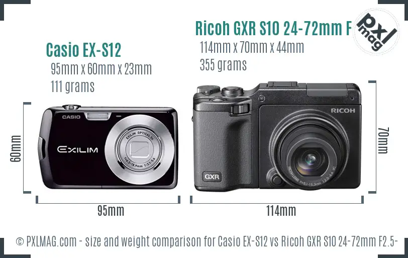 Casio EX-S12 vs Ricoh GXR S10 24-72mm F2.5-4.4 VC size comparison