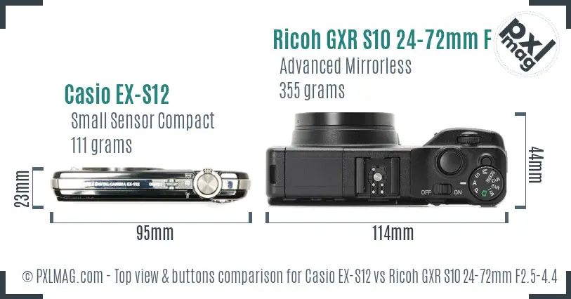 Casio EX-S12 vs Ricoh GXR S10 24-72mm F2.5-4.4 VC top view buttons comparison