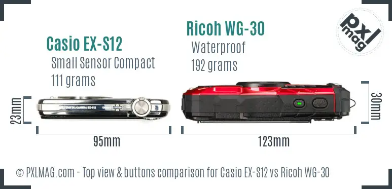 Casio EX-S12 vs Ricoh WG-30 top view buttons comparison