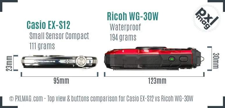 Casio EX-S12 vs Ricoh WG-30W top view buttons comparison