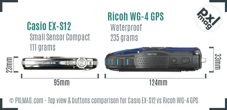 Casio EX-S12 vs Ricoh WG-4 GPS top view buttons comparison Casio EX-S12 vs Ricoh WG-4 GPS top view buttons comparison