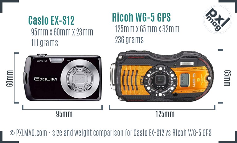 Casio EX-S12 vs Ricoh WG-5 GPS size comparison