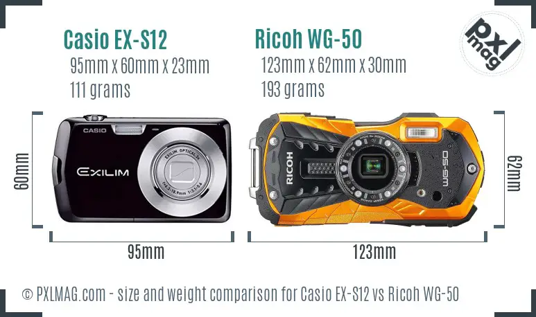 Casio EX-S12 vs Ricoh WG-50 size comparison