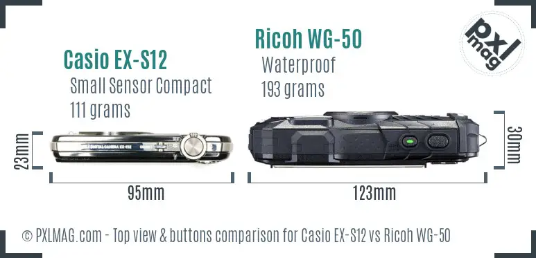 Casio EX-S12 vs Ricoh WG-50 top view buttons comparison