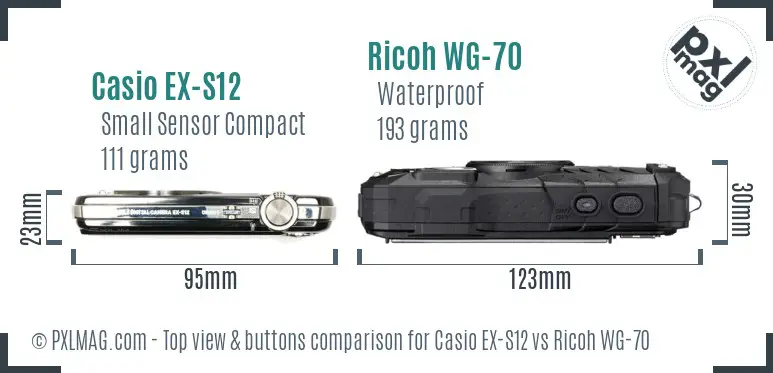 Casio EX-S12 vs Ricoh WG-70 top view buttons comparison