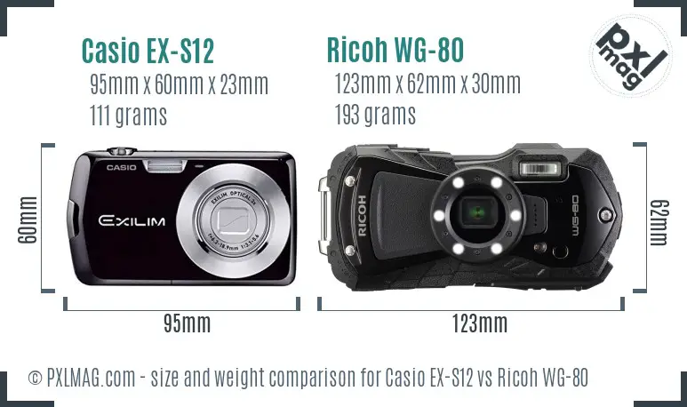 Casio EX-S12 vs Ricoh WG-80 size comparison