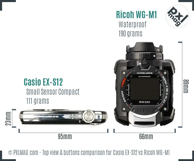 Casio EX-S12 vs Ricoh WG-M1 top view buttons comparison