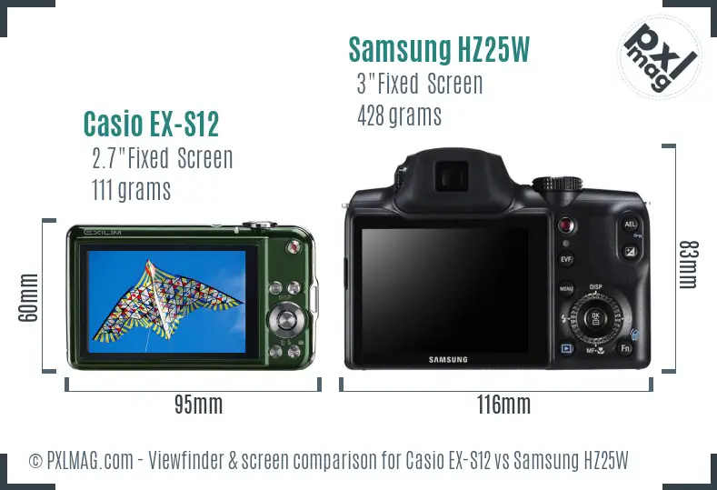 Casio EX-S12 vs Samsung HZ25W Screen and Viewfinder comparison