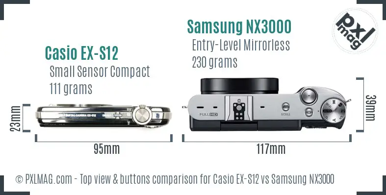 Casio EX-S12 vs Samsung NX3000 top view buttons comparison