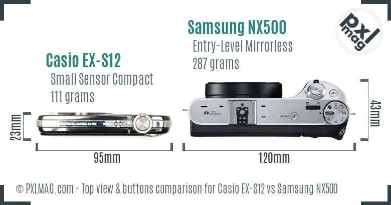 Casio EX-S12 vs Samsung NX500 top view buttons comparison