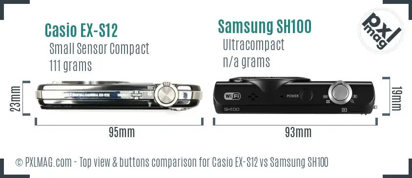 Casio EX-S12 vs Samsung SH100 top view buttons comparison Casio EX-S12 vs Samsung SH100 top view buttons comparison