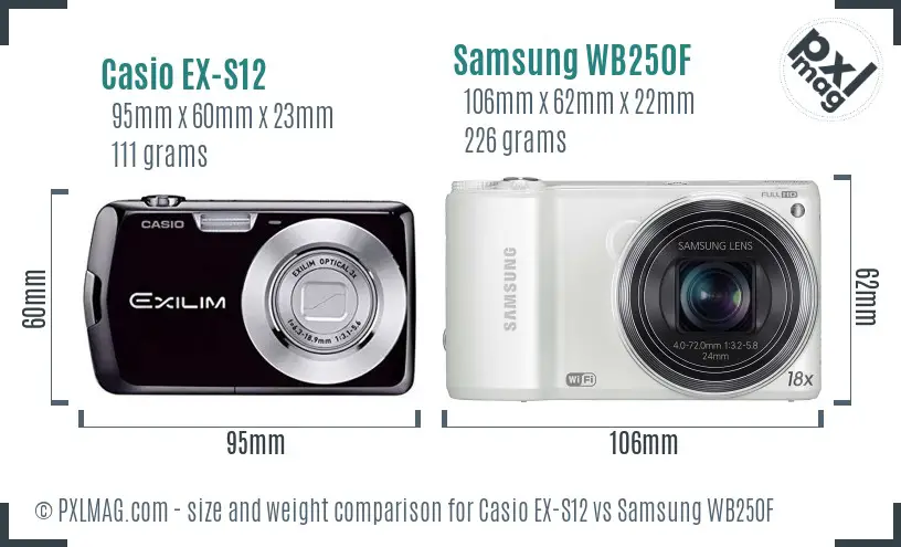 Casio EX-S12 vs Samsung WB250F size comparison