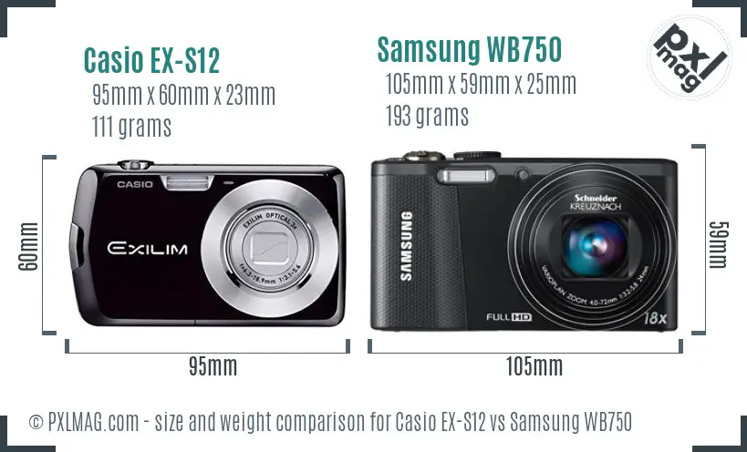 Casio EX-S12 vs Samsung WB750 size comparison