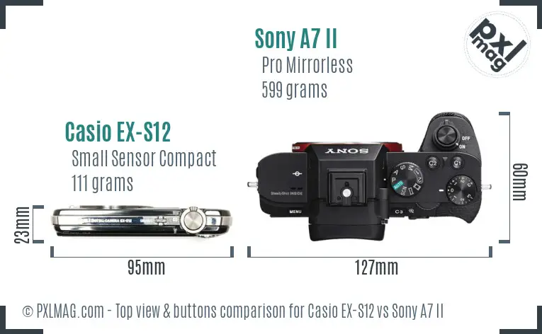 Casio EX-S12 vs Sony A7 II top view buttons comparison