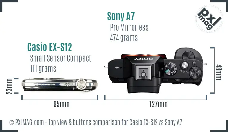 Casio EX-S12 vs Sony A7 top view buttons comparison