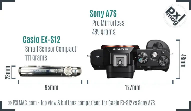 Casio EX-S12 vs Sony A7S top view buttons comparison