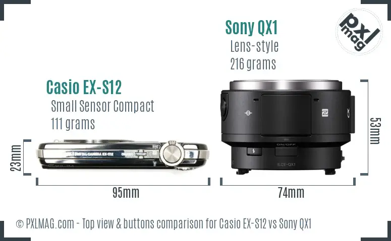 Casio EX-S12 vs Sony QX1 top view buttons comparison Casio EX-S12 vs Sony QX1 top view buttons comparison